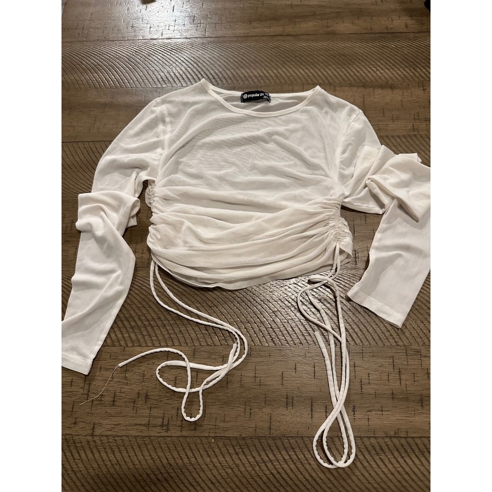 Popular 21 White Sheer Mesh Ruched‎ Crop Top - Size Small